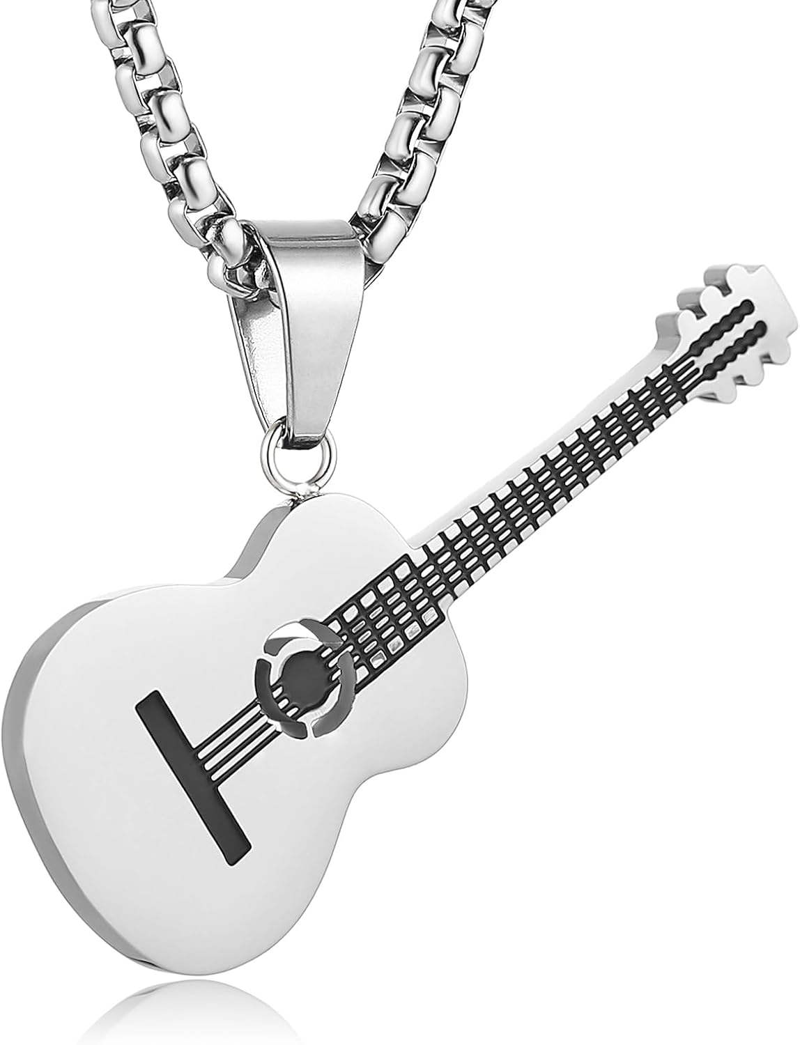 HZMAN Guitar Pendant Necklace for Music Lovers - Gold, Silver and Black Stainless Steel Musical Instrument Charm Gift for Guitarist, Men & Women