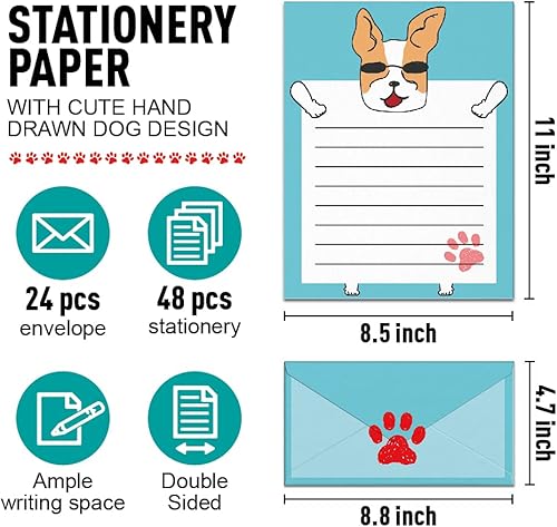 Miniatura 2 de Juego de papelería diseño de perro de dibujos animados papel de escritura de doble cara con líneas juego de papel de papelería para niños y sobres