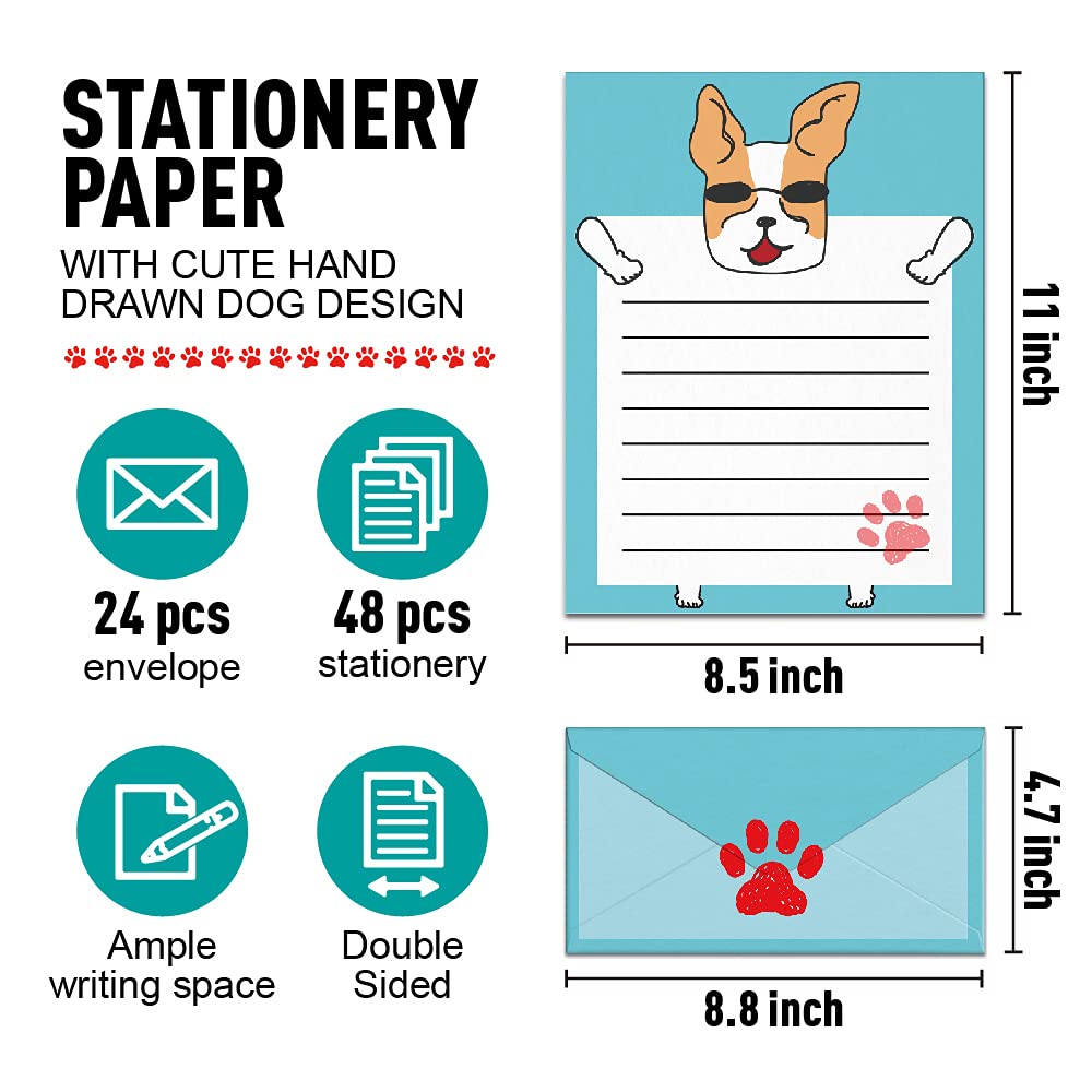 Juego de papelería, diseño de perro de dibujos animados, papelería kawaii, papel de escritura de doble cara con líneas, juego de papel de papelería para niños y sobres, 48 bonitos artículos de