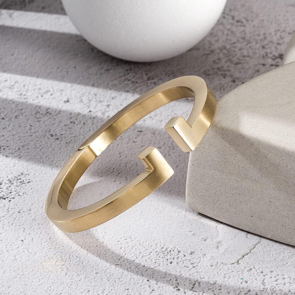 Jinbaoying Wistic Cuff Bracelet for Men Stainless Steel Metal and Spring-Clasp Gold Silver Black Plated Chunky Cuff Bangle Jewelry Gift (Mens Cuff Bangle (Gold)) - Image 2