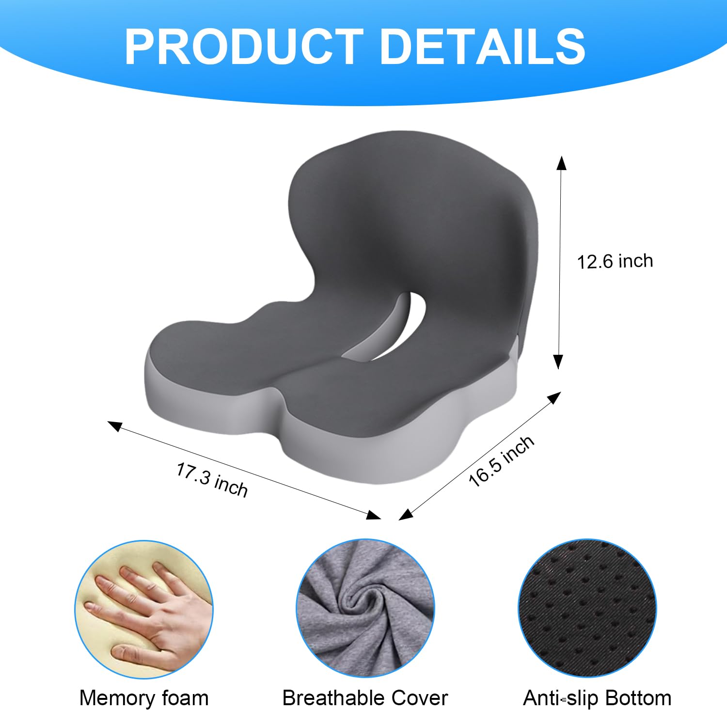 Gresonic Cojín ergonómico de espuma viscoelástica, para oficina, coche, sillas de juegos y comedor, ciática, coxis y coxis, soporte lumbar y lumbar (A, talla única)