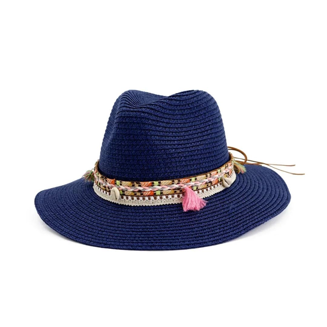 Sombrero de Paja para Mujer, Estilo Fedora, Informal, para Playa, Verano (Azul, 6 7/8)