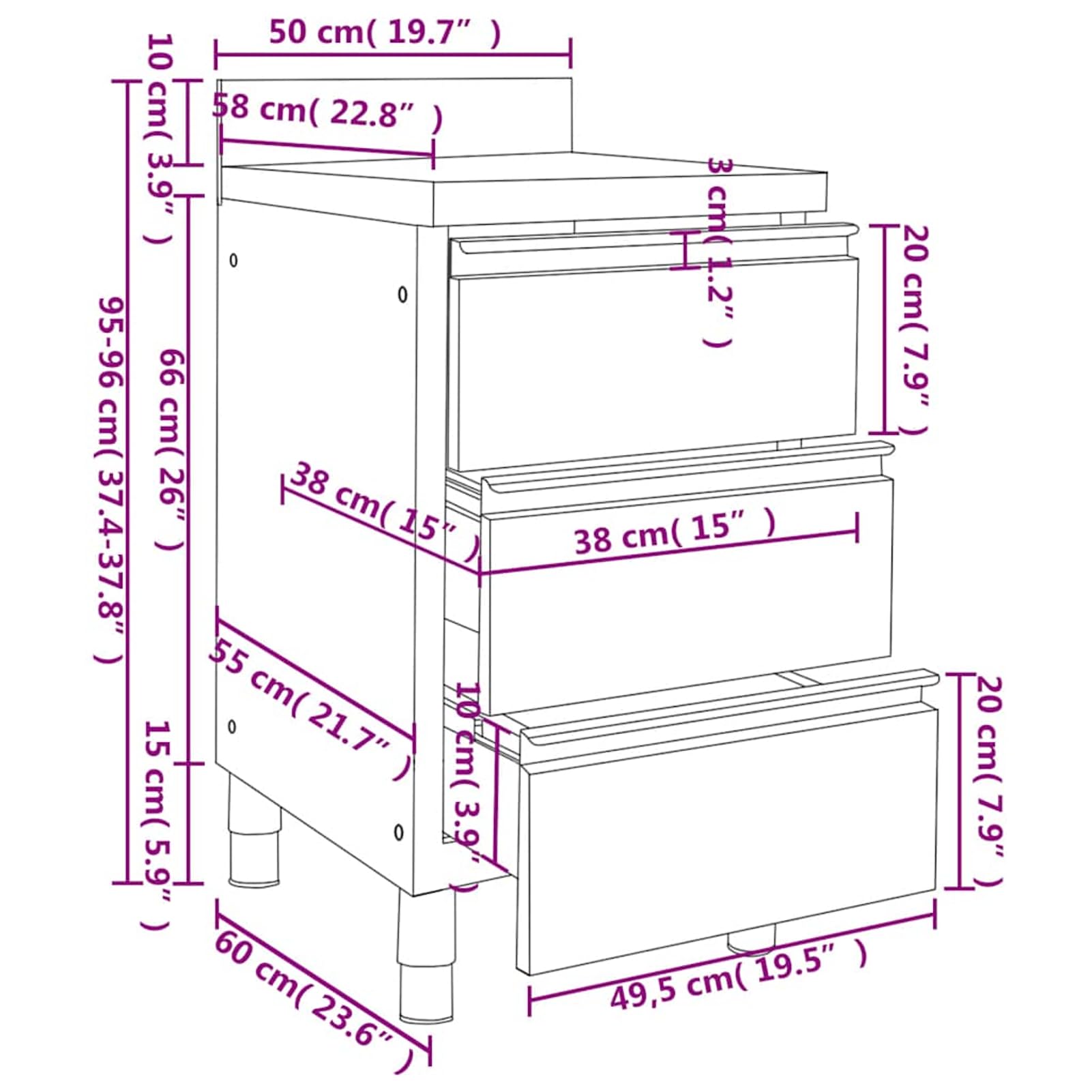 Anself Edelstahl Küchenschrank mit Aufkantung und Schubladen, 50x60x95-96cm, Silber, für Küche & Gastronomie 3083722