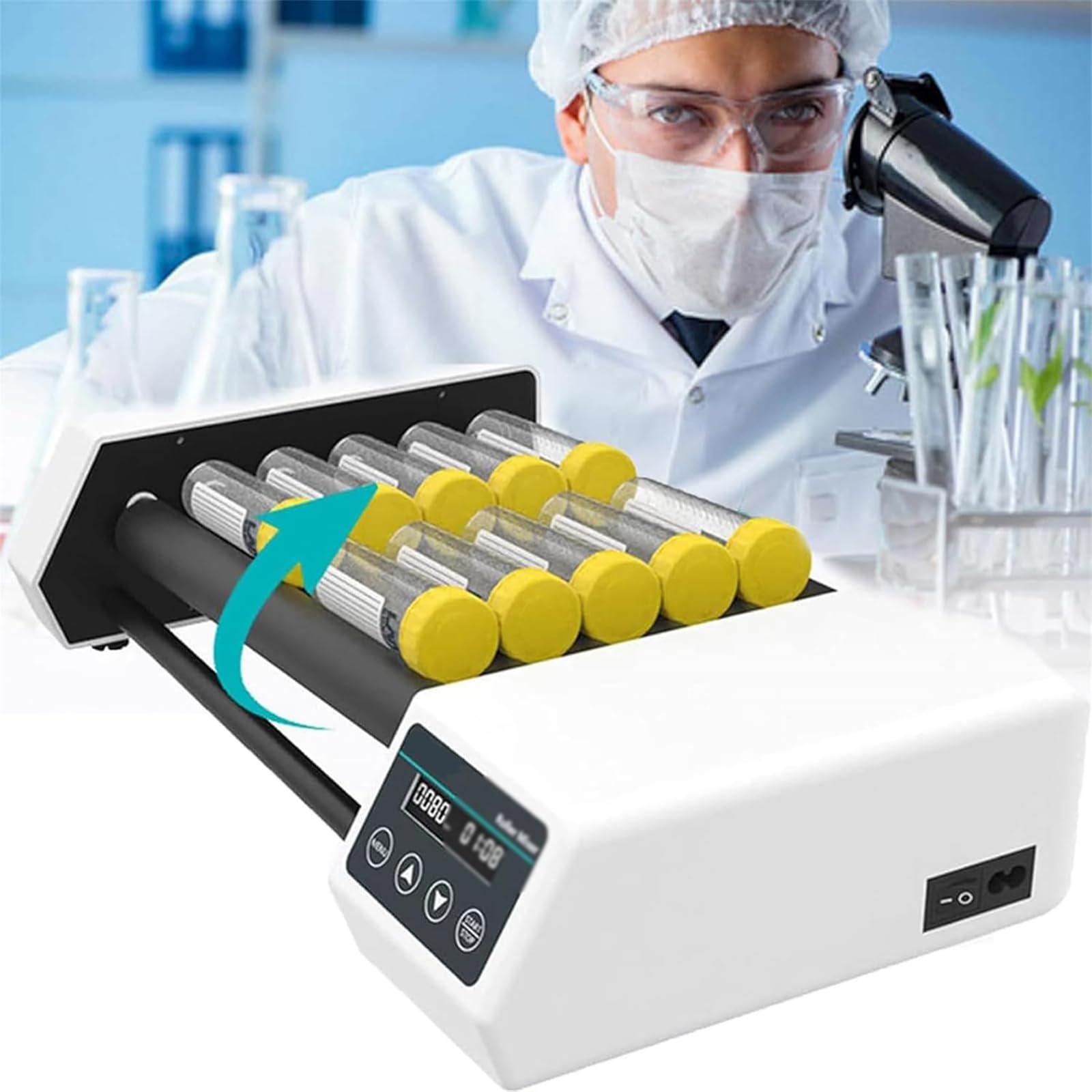 Mezclador de rodillos de laboratorio, agitador digital con velocidad ajustable de 20 a 80 RPM, modo temporizador y pantalla LED para experimentos médicos, ciencias de la vida, aplicaciones químicas