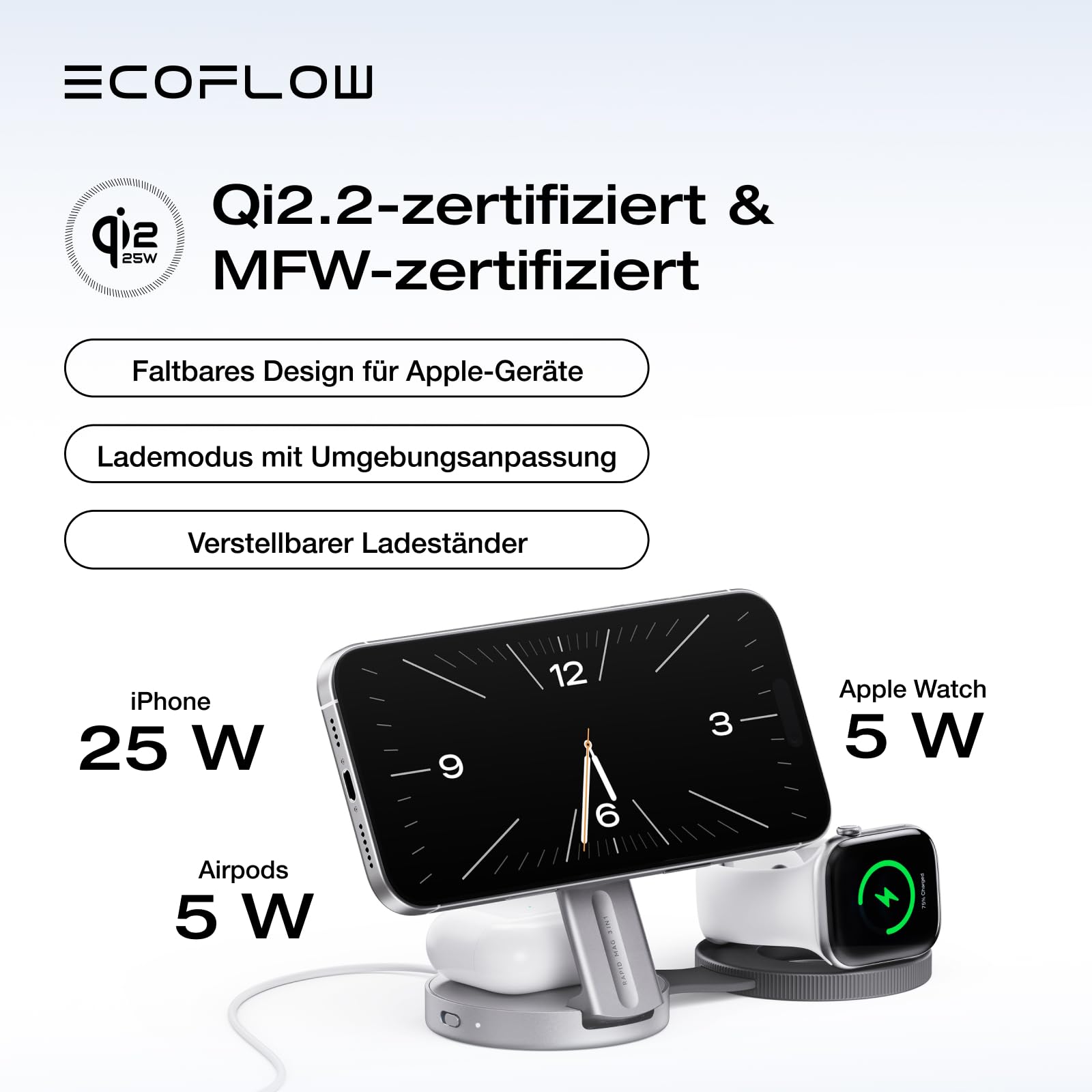EcoFlow Qi2.2 Magsafe Ladestation 25W mit Faltbar Ständer, Wireless iPhone Ladestation Magnetisches Kabelloses Ladegerät für iPhone 17/16/15/14 Series, Apple Watch und AirPods, Schwarz