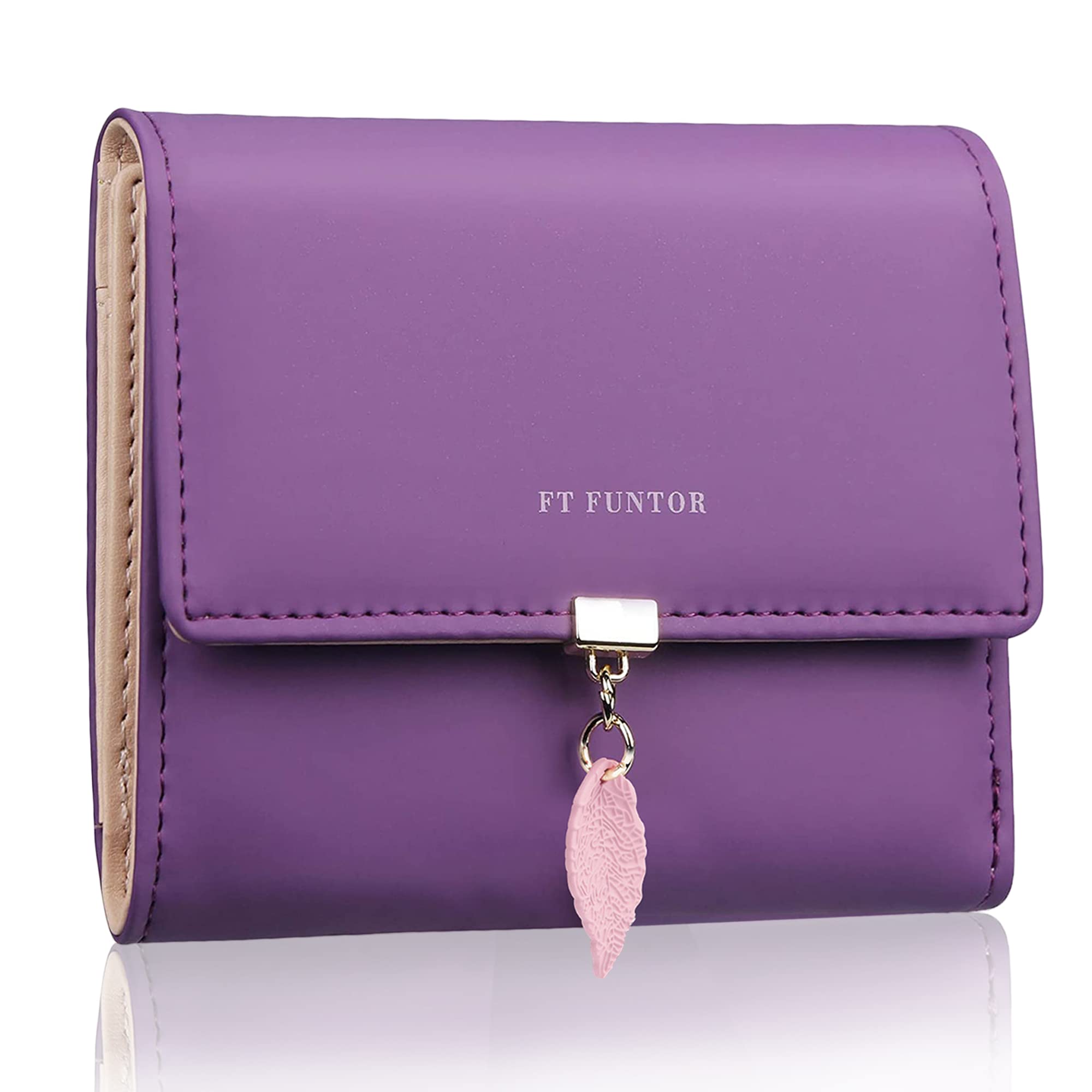 FT FUNTOR RFID Wallets for Women, Leaf Card Holder Trifold Ladies Wallets Coins Zipper Pocket with ID Window Small Size Deep Purple