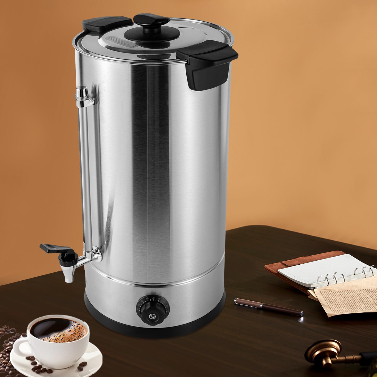 Coffee Urn, Commercial-Grade Large 6.6gal Capacity Tabletop Coffee Urn, 1.4kw Stainless Steel Electric Hot Water Pot Urn, Water Gauge, Thermostable Design, Double-layer Barrel Wall, Silver