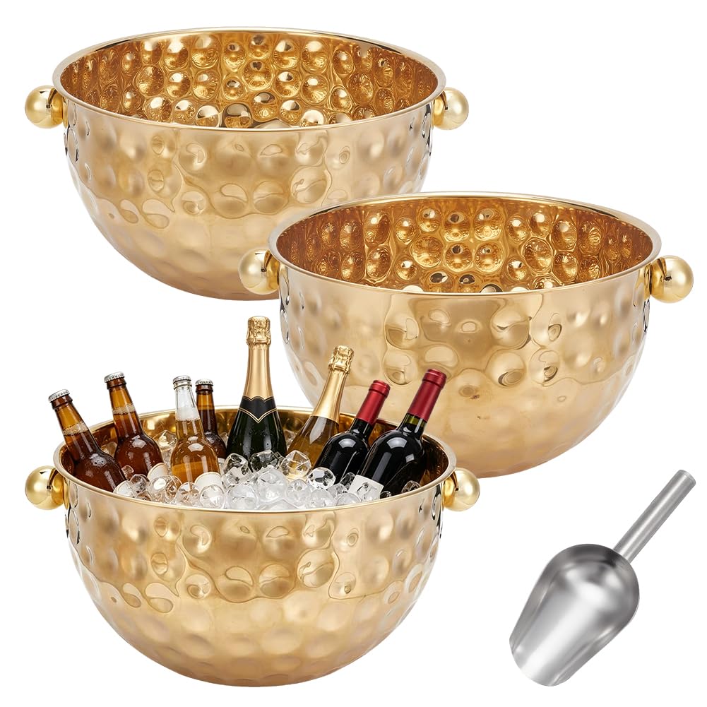 ORIGACH Juego de cubos de hielo de champán, de acero inoxidable martillado, 2 unidades, incluye pala de hielo, cuencos grandes dorados de 6/7 litros, para vino, cerveza y otras bebidas, con asas