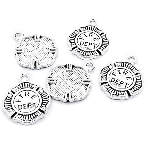 30 PCS Antique Silver Plated Jewelry Making Charms Supplies Crafting D5YK2D Fire Department Badge