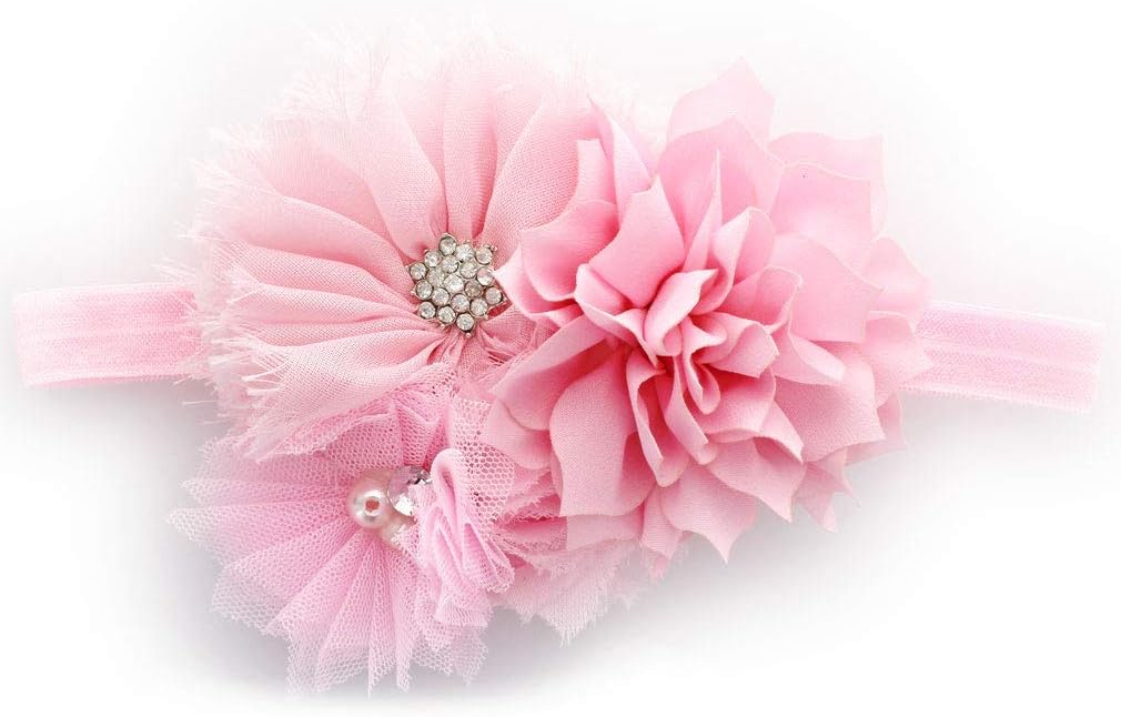 My LelloBaby Headband Shabby Fabric Flower Cluster Stretchy Elastic Light Pink