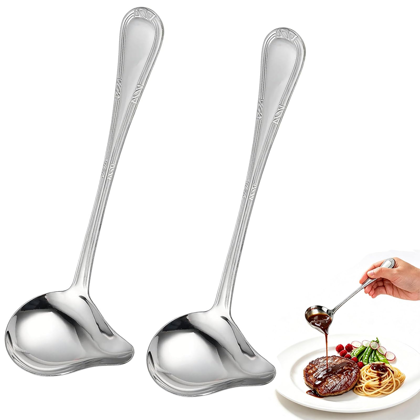 2 Pcs Soup Ladle with Spout, 20.5 cm Stainless Steel Sauce Drizzle Spoon