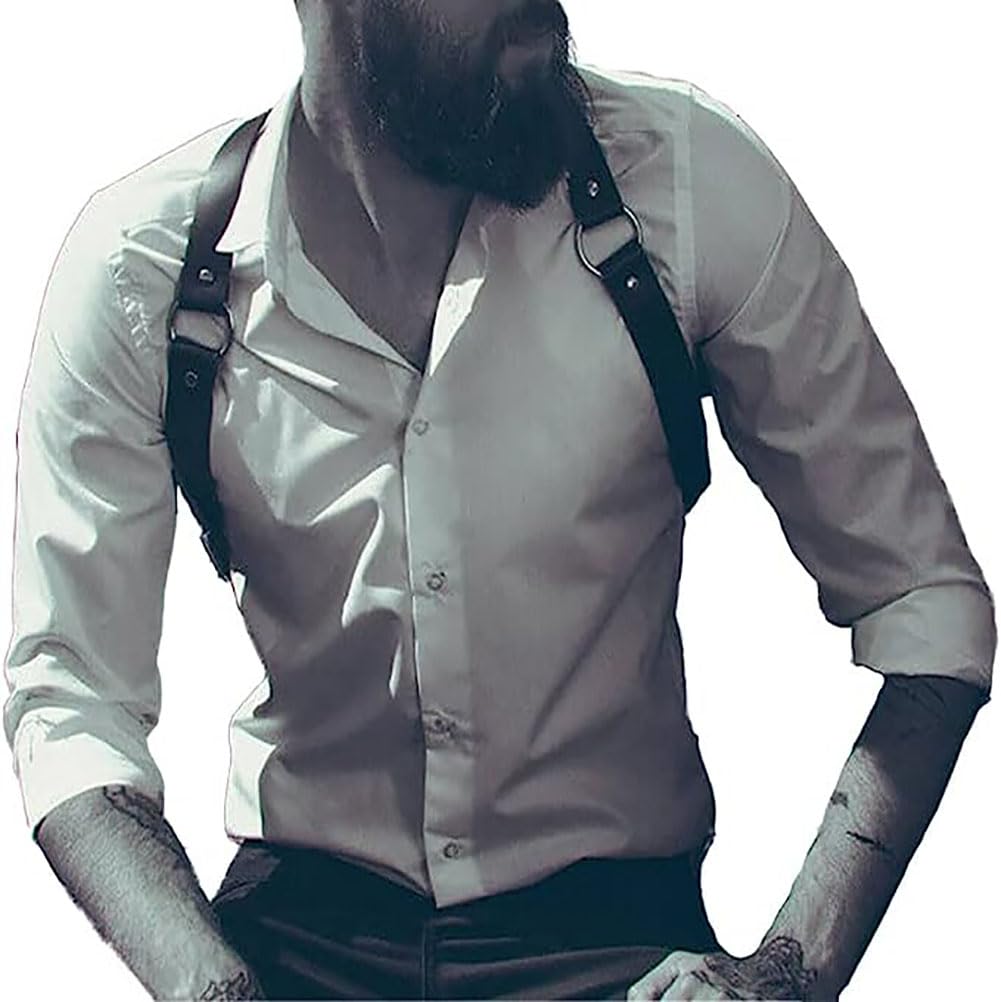Mens Black Leather Armors Suspenders Shoulder Strap Body Chest Harness Chain Belt Adjustable Gay Punk Clubwear Costume
