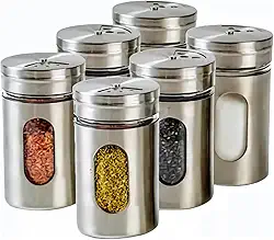 Kit 6 Porta de Temperos Saleiro Pimenteiro Inox e Vidro Conjunto Premium Aço Inoxidável com Visor Tampa Giratória 3 níveis para Condimentos de Cozinha
