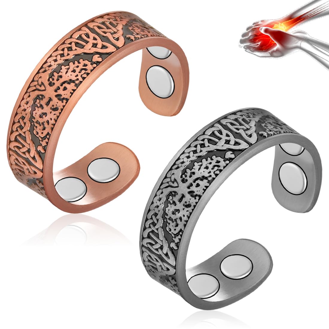 2PCS Copper Magnetic Rings for Women & Men with Strong Ultra Strength Magnets 99.99% Solid Pure Copper Adjustable with Gift Box