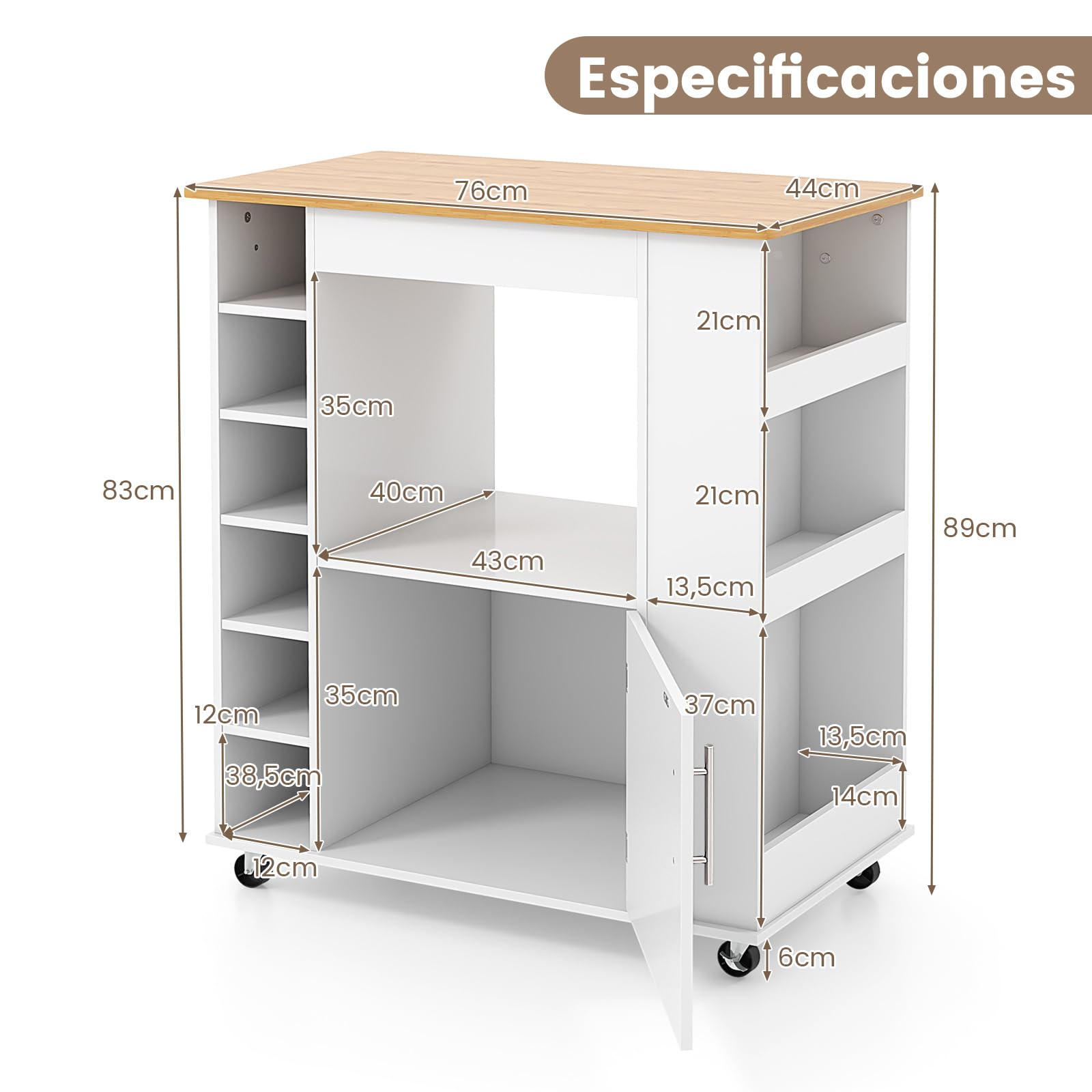 COSTWAY Carro Isla de Cocina con Toallero, Isla de Cocina sobre Ruedas con Tapa de Bambú, Estantes Ajustables para 6 Botellas de Vino, Estante para Especias para Comedor (Blanco)