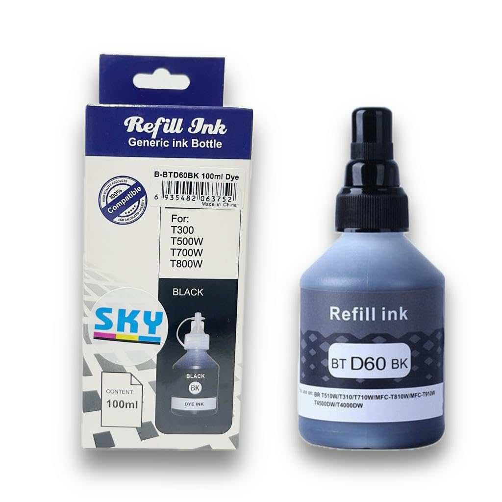 SKY BTD60/BT6000 Black 100ml refill ink Comptible with Brother T Series BT6000BK BTD60BK for DCP-T300, T500W, T700W, T710W, T800W, T810W, T910DW, T310, T510W, HL-T4000DW, MFC-T4500DW Printers