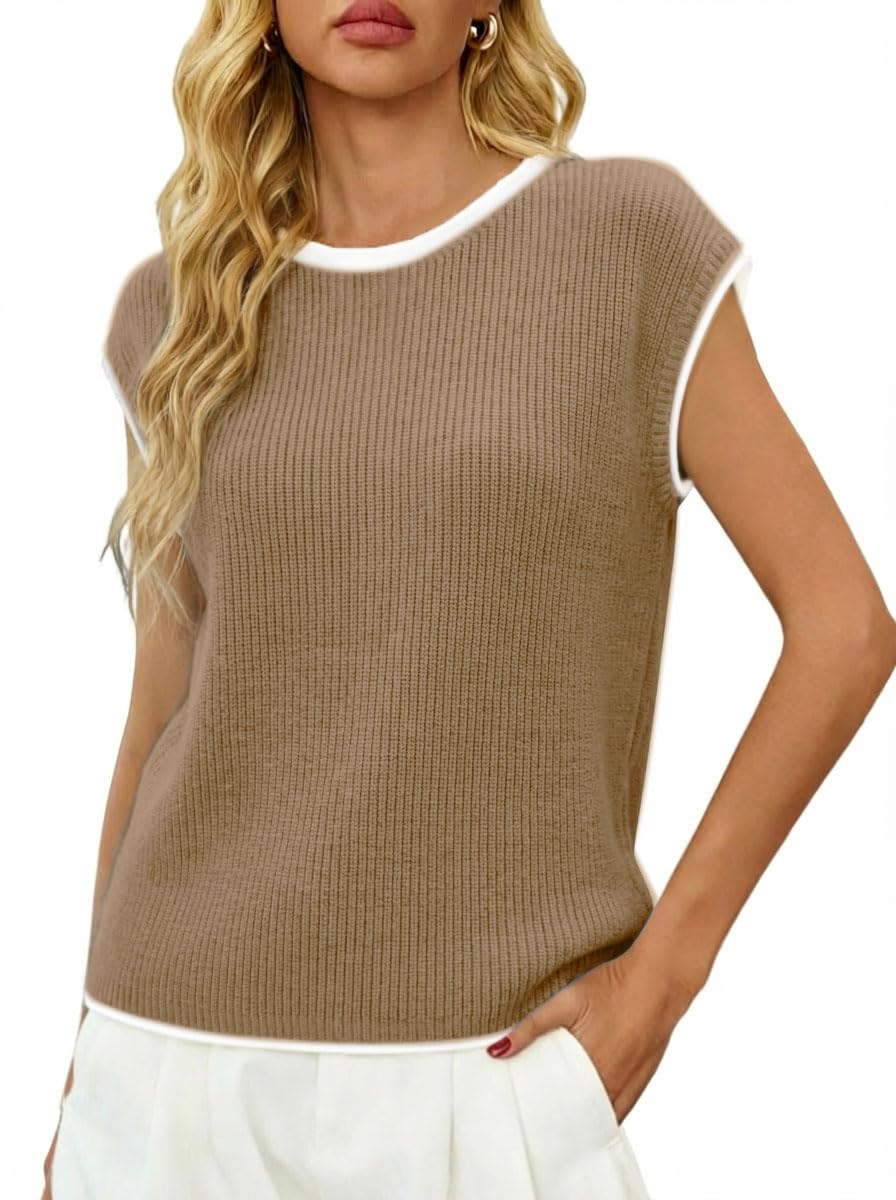 LaGracia Sleeveless Sweater Tops for Women Crew Neck Cap Sleeve Color Block Loose Tank Tops Pullover Knit Sweaters