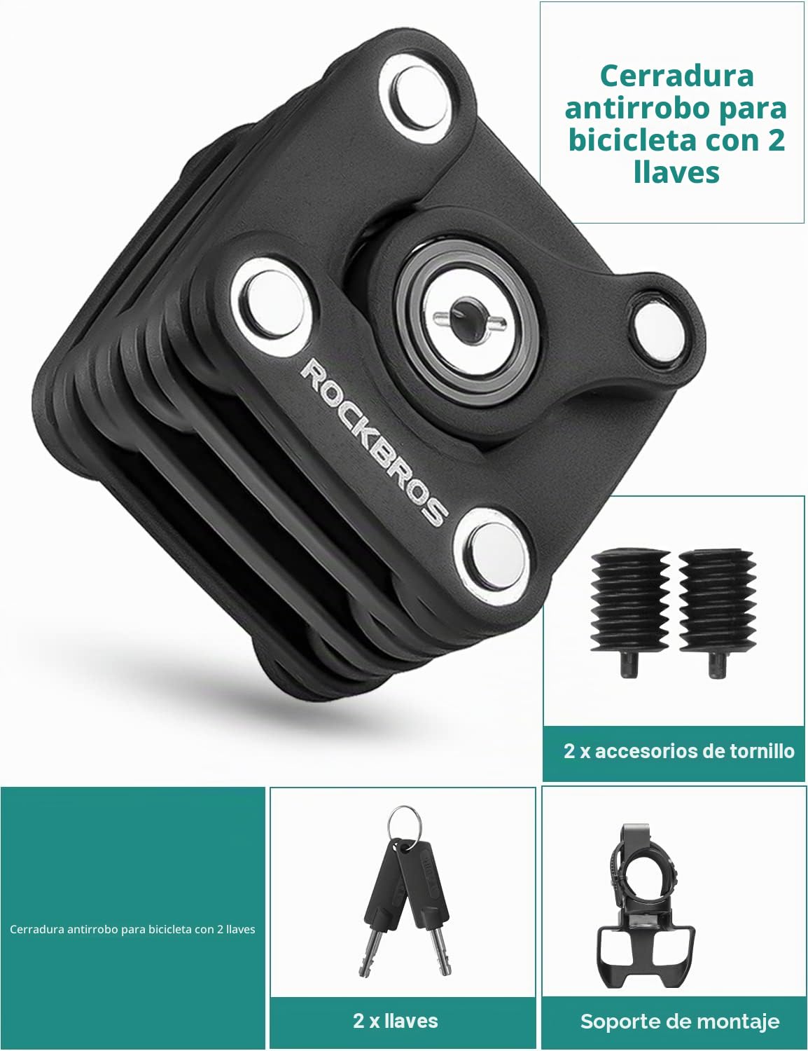 ROCKBROS Candado Plegable con Llaves de Bicicleta Antirrobo, Cerradura Portátil Seguridad con Soporte de Montaje para MTB Bicicleta de Carretera, Negro