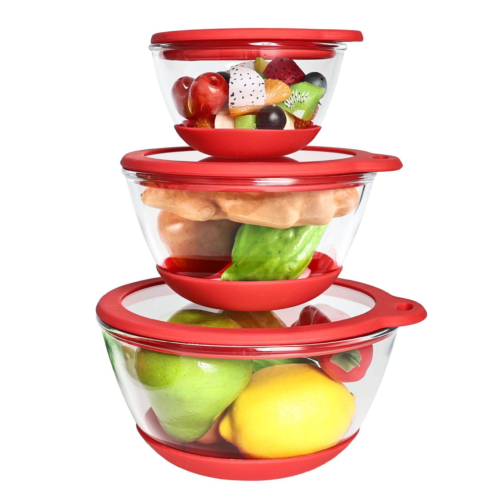 Glass Mixing Bowls Set of 3 with BPA-Free Airtight Lids, Large Nesting Bowls with Non-Slip Silicone Base, Ideal for Food Storage, Dishwasher & Microwave Safe, Sizes: 2.2, 1.1, 0.5 QT Red