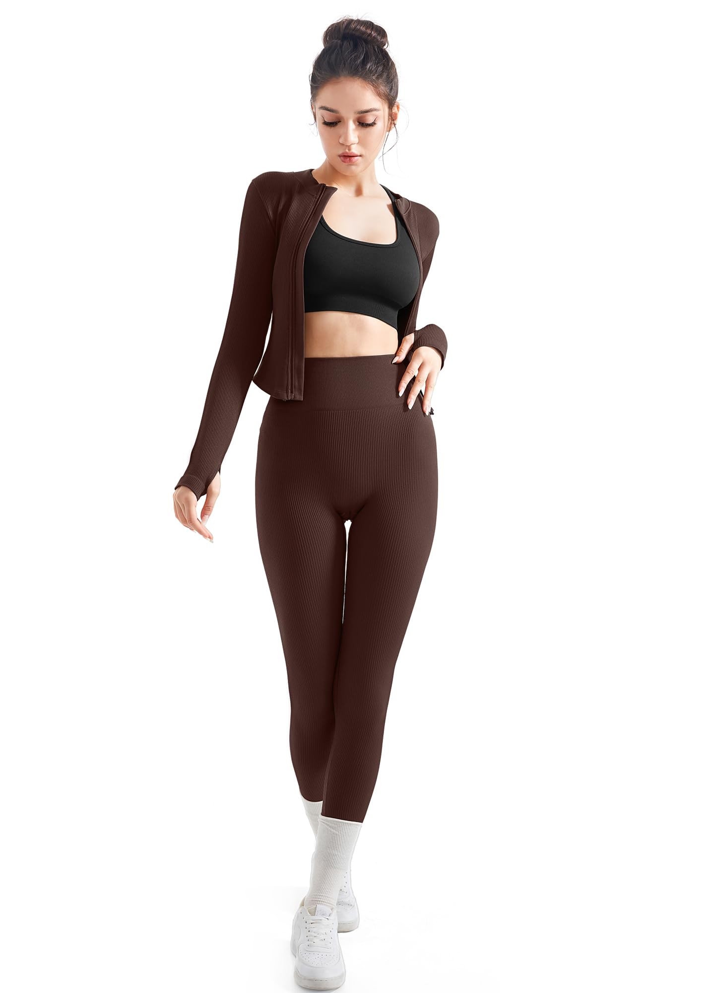 SUUKSESS Conjunto de entrenamiento acanalado sin costuras de 2 piezas para mujer, con chaqueta con cremallera, cintura alta, leggings de yoga para gimnasio