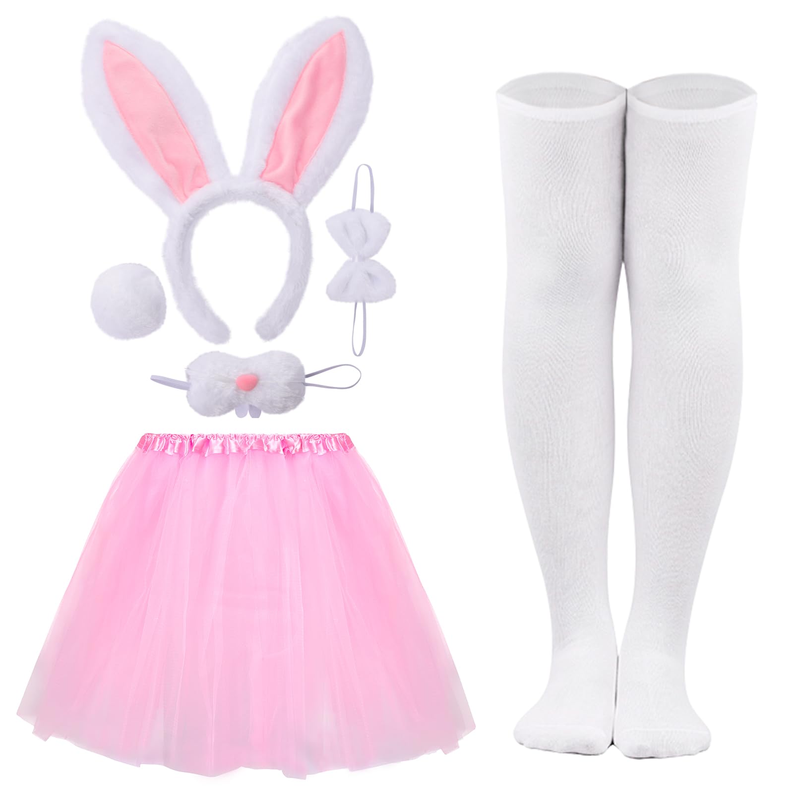 CHUANGLI 6 PCS Women Bunny Costume Set Included Rabbit Ears Headband Nose Bowtie Tail Tutu Skirt and Stocking for Halloween Easter Party Cosplay Dress Up