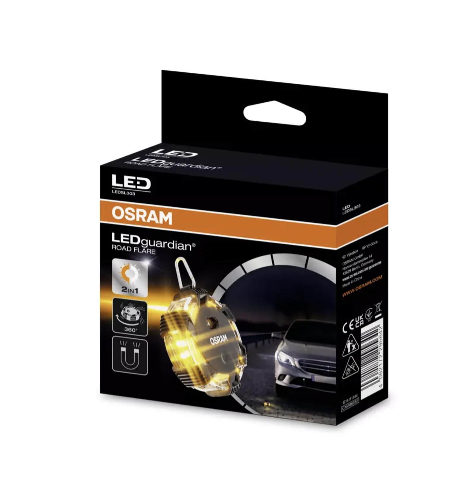 OSRAM LEDguardian ROAD FLARE, LEDSL303, compact magnetic LED warning light, 16 long-life LEDs, used in emergency situations on the road and minor inspection works on the vehicle
