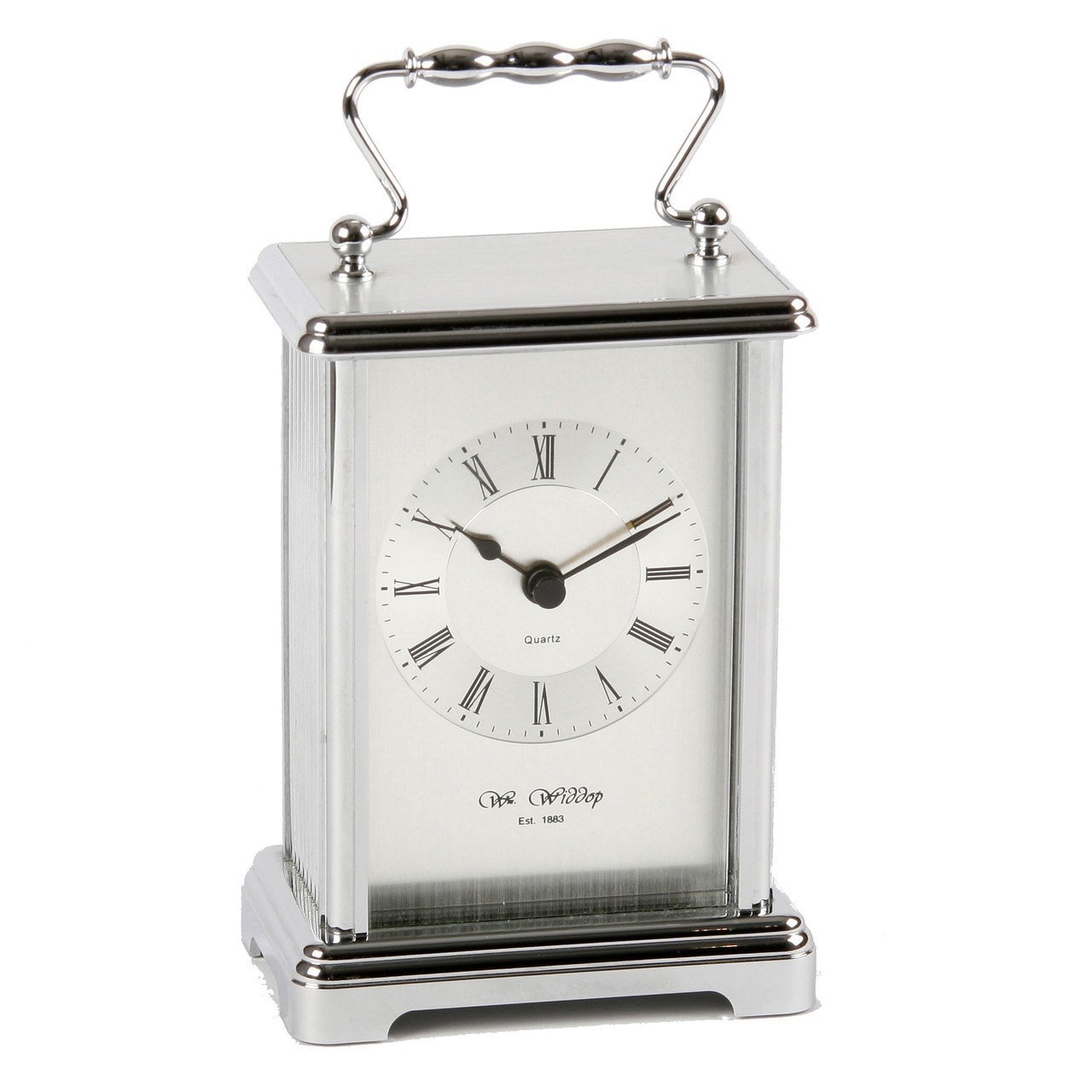 Watching Clocks Wm Widdop Rectangular 2 Tone Silver Carriage Clock, with roman numerals