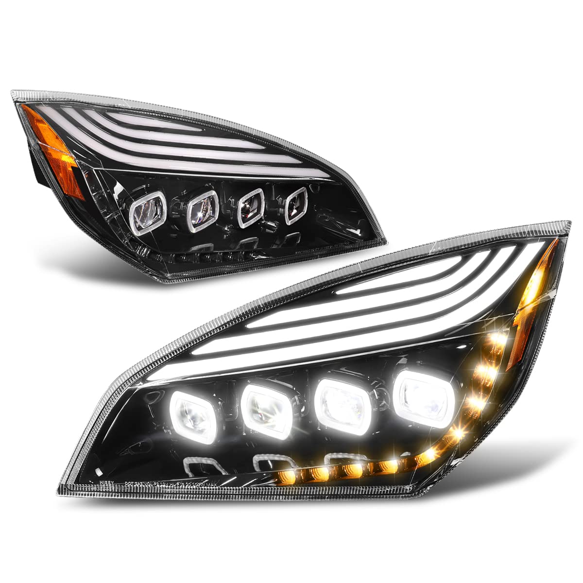 LED DRL Sequential Signal Projector Headlights Assembly Compatible with 18-24 Freightliner Cascadia,Black Housing