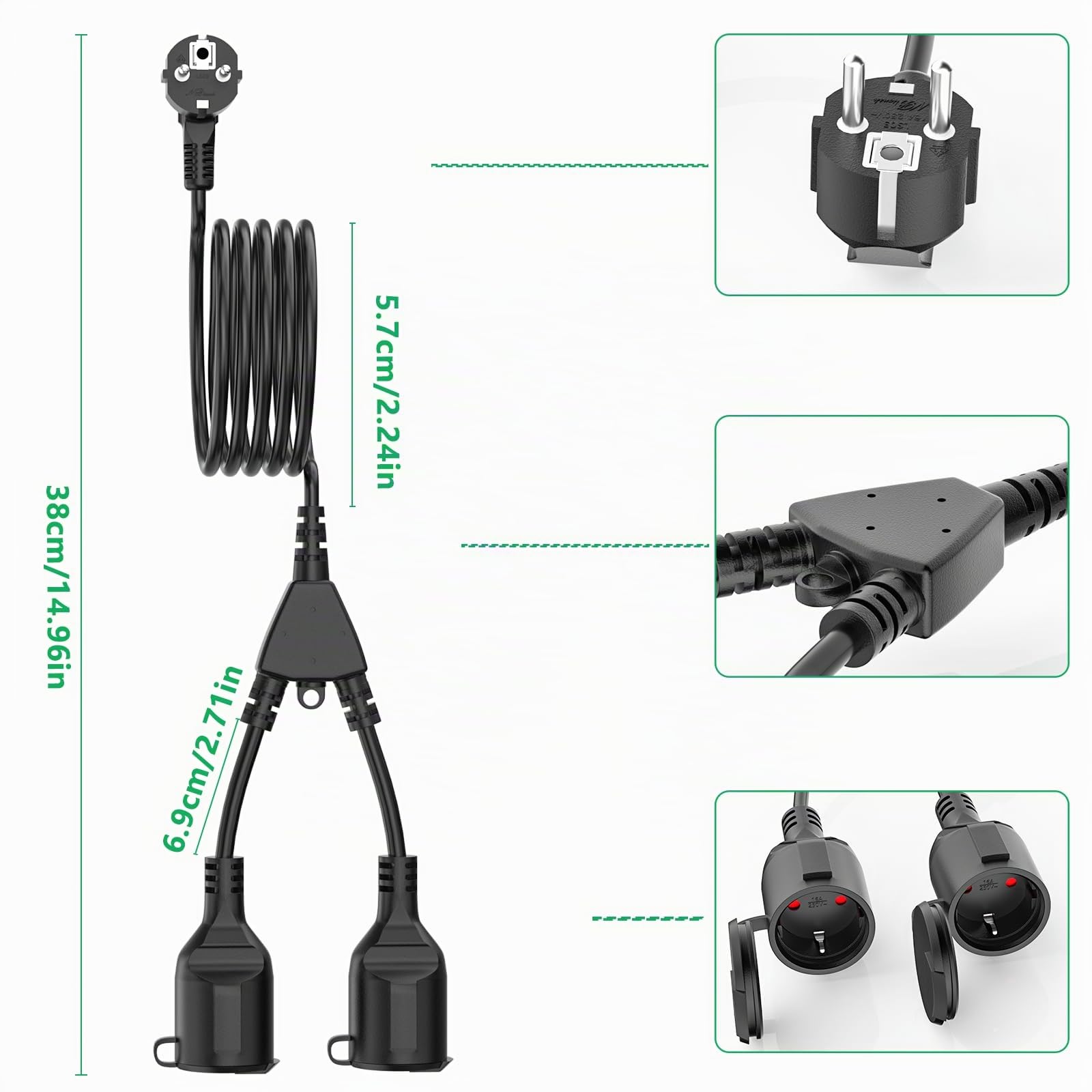 Rallonge Schuko,Câble d'extension 5M pour l'extérieur avec Contact de Protection,1 à 2 Contacts de Protection Extensibles,IP44 Rallonge avec 2 Prises de Courant,16A/250V (5M)