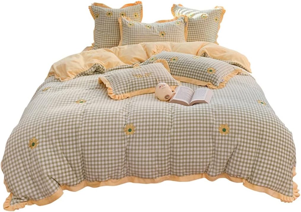 Small Fresh Velvet Daisy Embroidery Thick Four-Piece Set Autumn and Winter Wide-Sided Quilt Cover Sheet Warm Bedding (Colour: E Size: 2 m) (D 1.8 m)