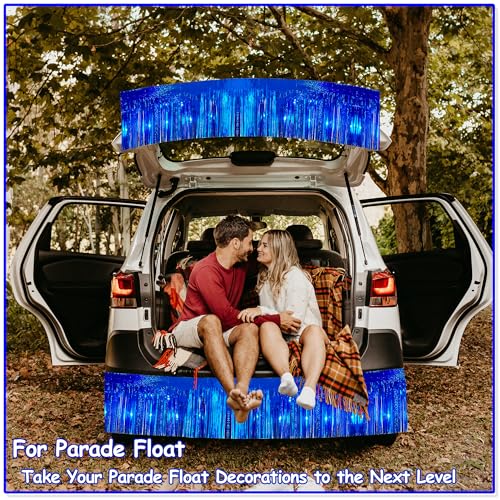 Image of 4 Pack 10 Feet Glitter Royal Blue Parade Float Decorations for Trailer Car, Glitter Foil Fringe Metallic Tinsel Streamers Banner Garland for Graduation Weeding Homecoming Birthday Party(Glitter-Blue)