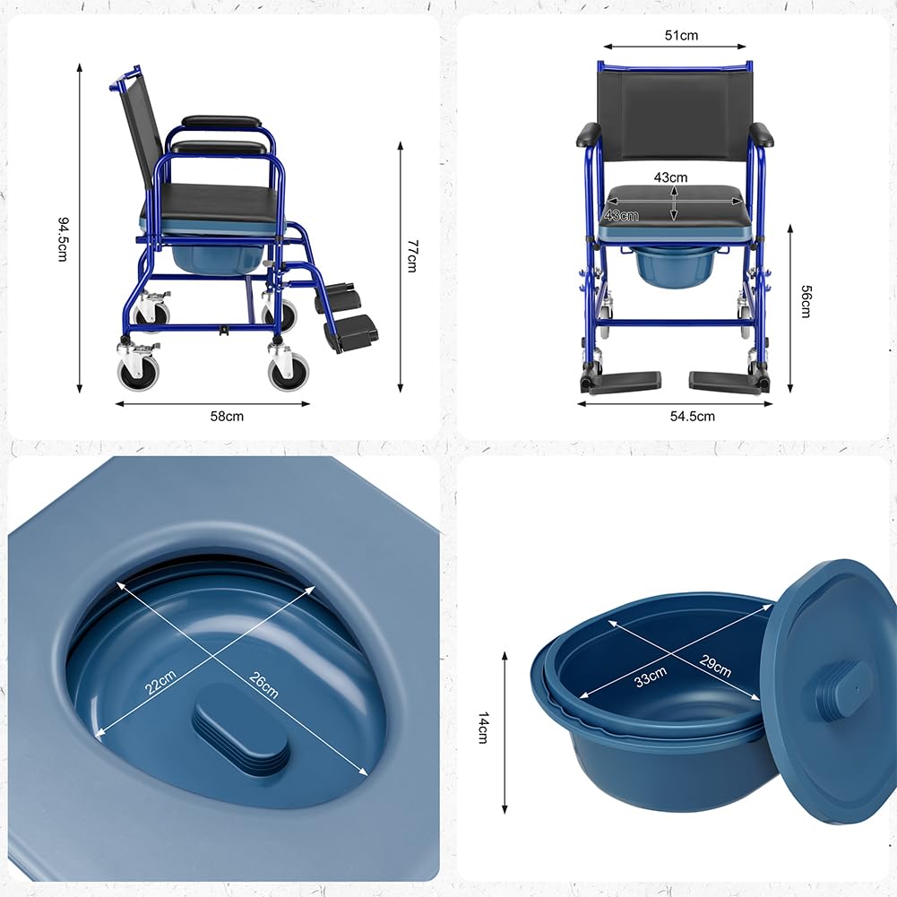 BAKAJI Sedia a Rotelle da Bagno con Vaso Rimovibile, Schienale e Seduta Ergonomica con 4 Ruote Piroettanti, Ausilio per Anziani, Disabili e Persone con Mobilità Ridotta, 53 × 57,5 × 94 cm