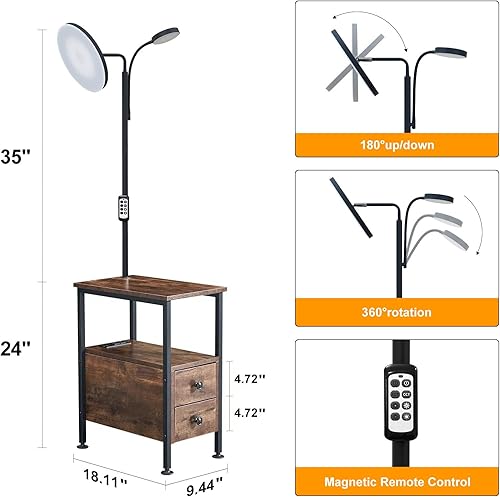 Miniatura 6 de Dungoo Lámpara de pie LED de 59 pulgadas con mesa, mesa auxiliar con luz de lectura ajustable, mesa auxiliar con puertos USB y tipo C y 2