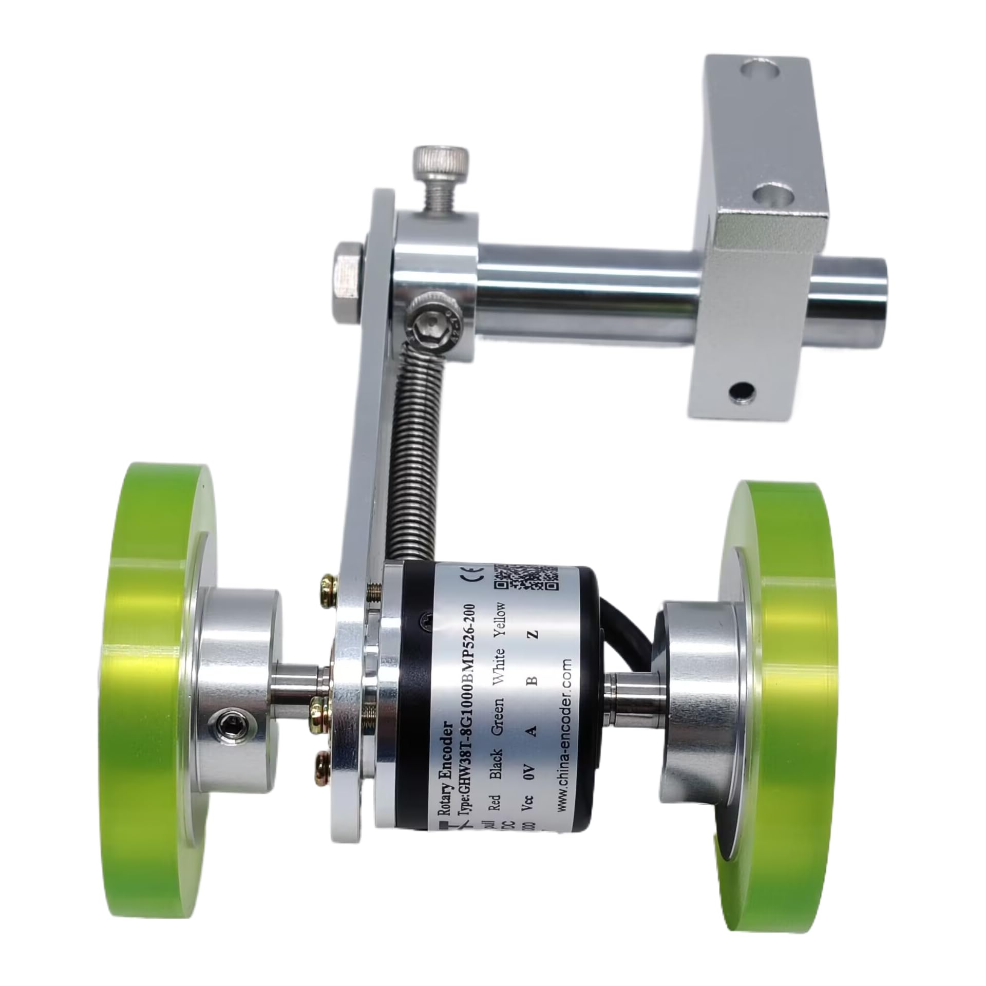 GHW38T - Codificador de rueda de eje de 8 mm para medición de posición de longitud con 2 ruedas de medición (300 mm) y soporte de resorte (salida de controlador de línea, resolución 500PP/R)