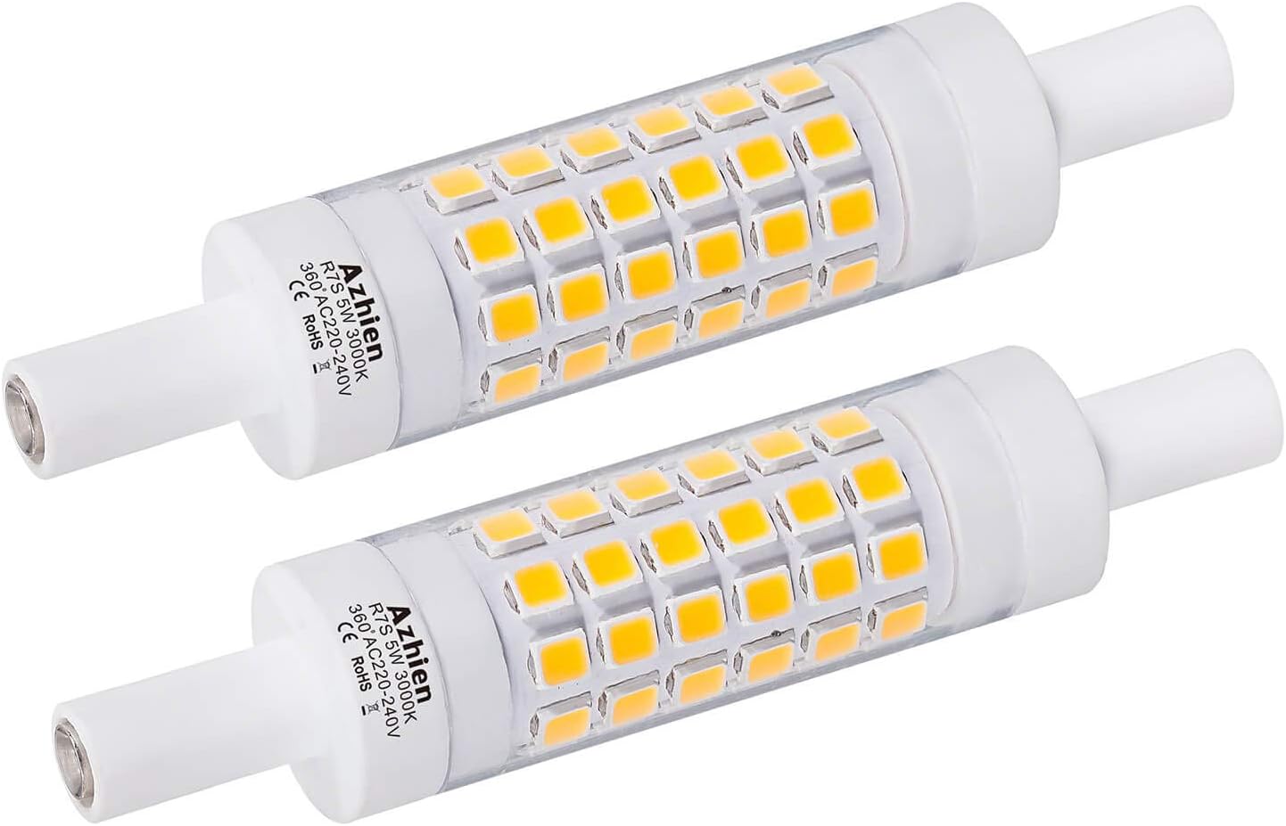 R7S LED Bulb 78 mm 5W Double Ended Linear Reflector Lamp Azhien, Warm White 3000K, 5 Watt, equivalent to 48W 60W Halogen Lamp, 230V AC,500LM,360 Degree, Pack of 2