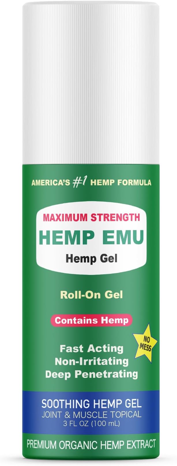Hemp Emu - Hemp Roll On Gel - Muscle Rub for Back & Joint Discomfort - Soothing Gel with Organic Hemp Oil, Emu Oil, Menthol, Eucalyptus, Aloe Vera