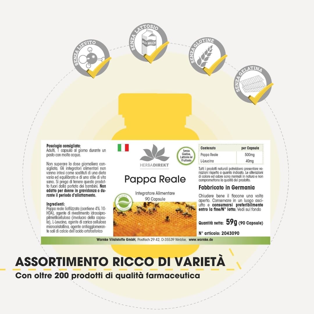 Pappa Reale fresca pura 500mg - Estratto da 2000mg Pappa Reale 4:1-90 Capsule | HERBADIREKT by Warnke Vitalstoffe - Qualità da farmacia tedesca