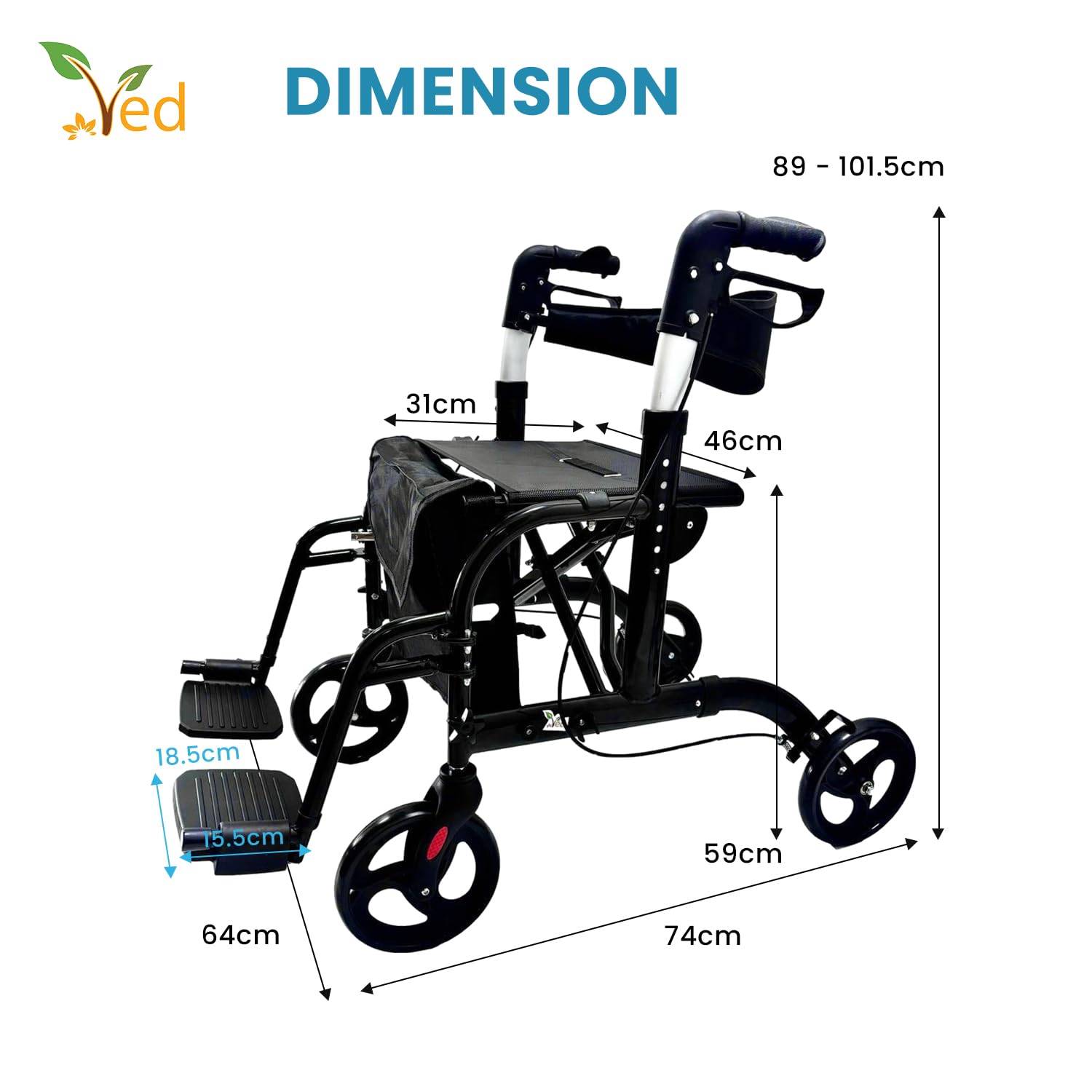 ved Silla De Ruedas 2 En 1 - Diseño Plegable Con Asiento Cómodo, Frenos De Seguridad, Y Altura Ajustable - Ayuda Para Adultos Y Personas Mayores En Movilidad Y Autonomía