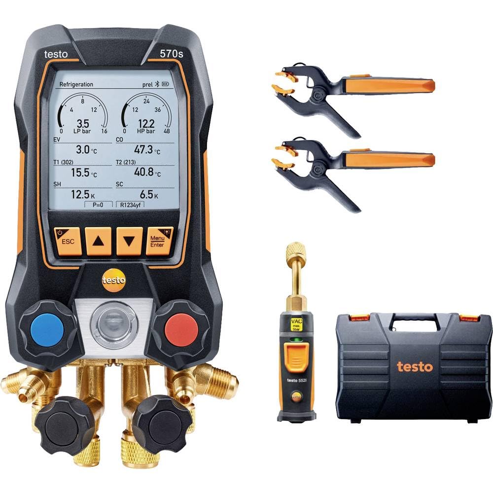 Testo HVAC Manifold Gauge Set - 570s Micron Gauge for Long-Term Measurement on Air Conditioning, Heat Pumps - Bluetooth, App-Connection