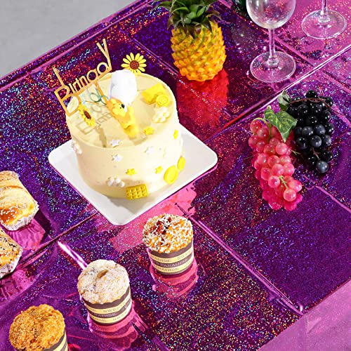 Image of 8 Pack Iridescence Plastic Tablecloths Shiny Disposable Laser Rectangle Table Covers Holographic Foil Tablecloth Iridescent Kpop Birthday Bridal Wedding Party Decoration, 54 inch x 108 inch(Pink & Purple)