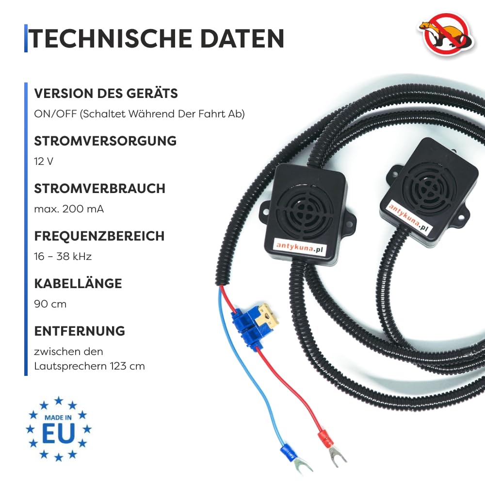 ON/Off Ultraschall Marderabwehr Auto – 2 Lautsprecher | Für große Motorräume | Start-Stop geeignet | 12V