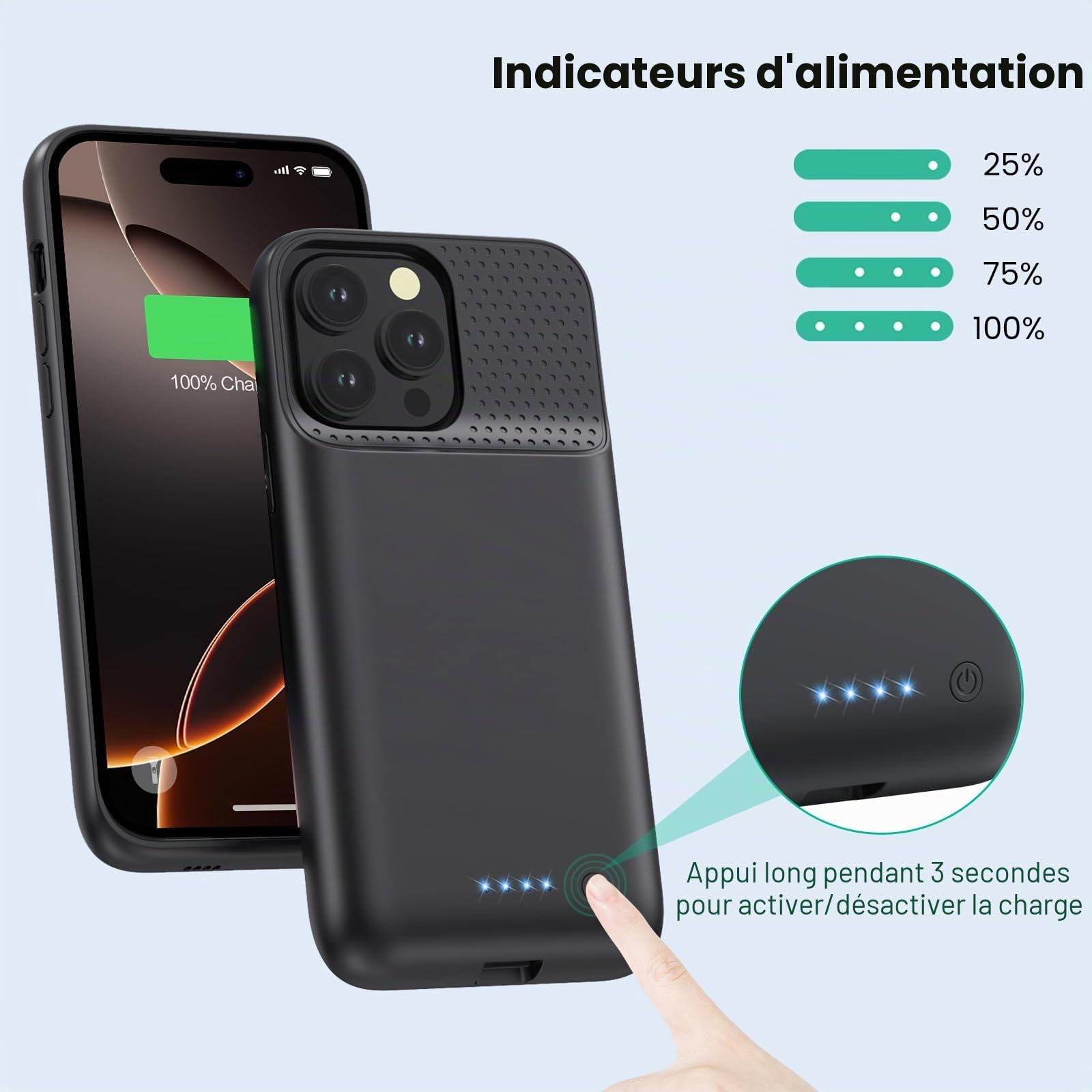 Feob Coque Batterie pour iPhone 16 Pro Max, Puissant 8600mAh 15W Coque Rechargeable Batterie Externe avec écran de Protection en Verre Trempé Chargeur Portable pour iPhone 16 Pro Max(6,9") (A-Noir)