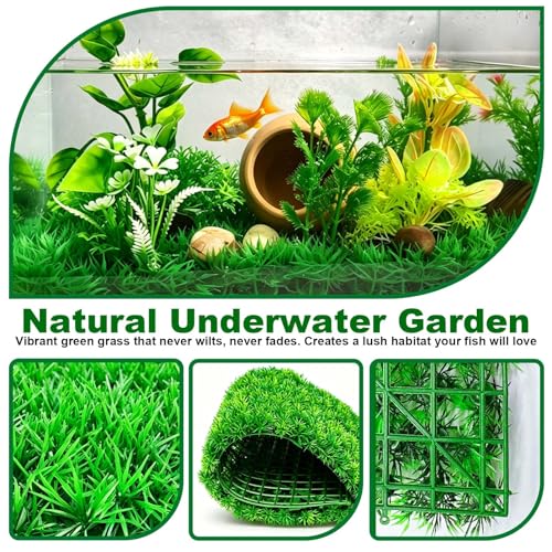 Image of kathson 3 PCS Aquarium Grass Mat Decorations Artificial Plastic Lawn Ornament Landscape Green Plants Decoration for Saltwater Freshwater Tropical Fish Tank Decor