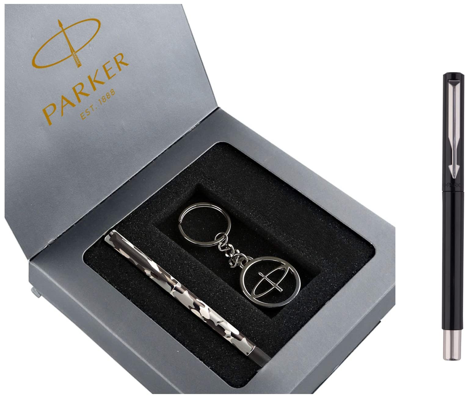 Parker Vector Camouflage Gift Set - Roller Ball Pen Keychain (Blue Ink) Fountain Pen (Black body)