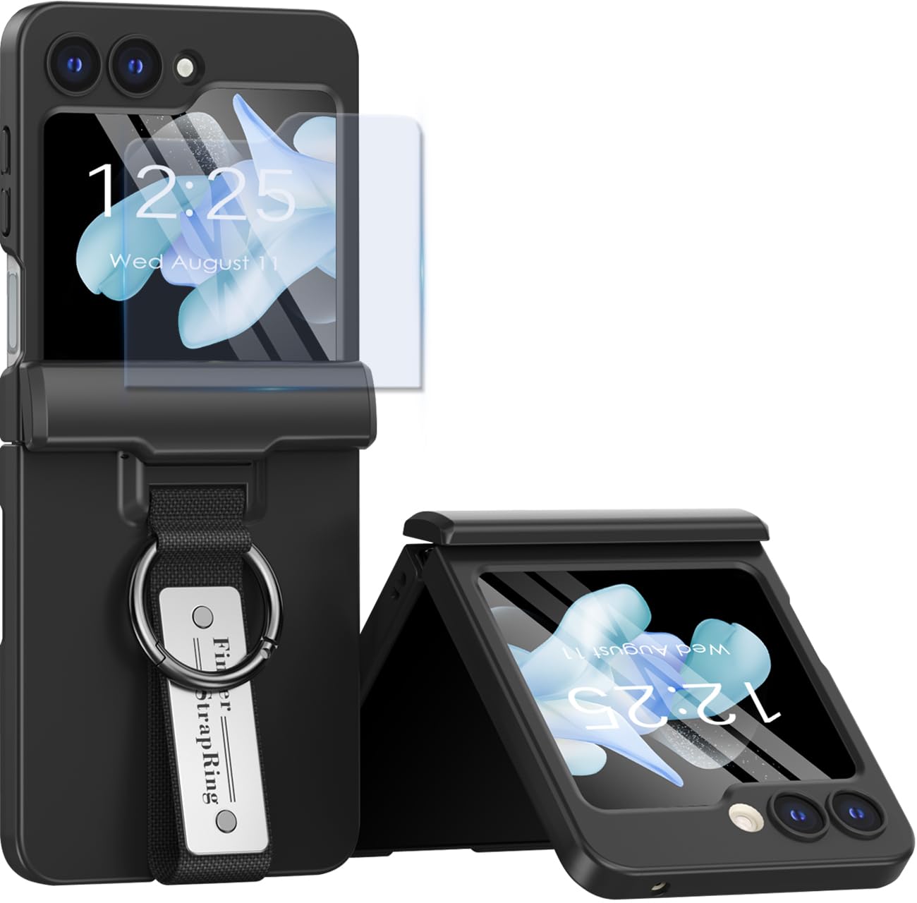 Hulveze Funda para Samsung Galaxy Z Flip 5 con Correa de Mano y Soporte para Anillo y Protección de Bisagra, Protector de Pantalla Externo, Funda Delgada de Duro PC para Samsung Z Flip 5(Negro)