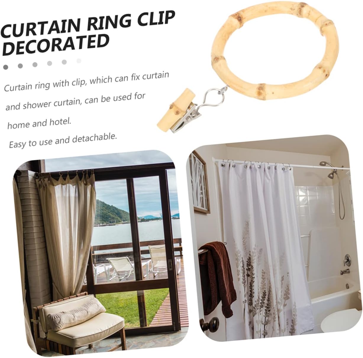 2pcs Slip Bathroom Bed Curtain Hooks Bamboo Drapery Hooks for Shower Window Door Strong Easy Install