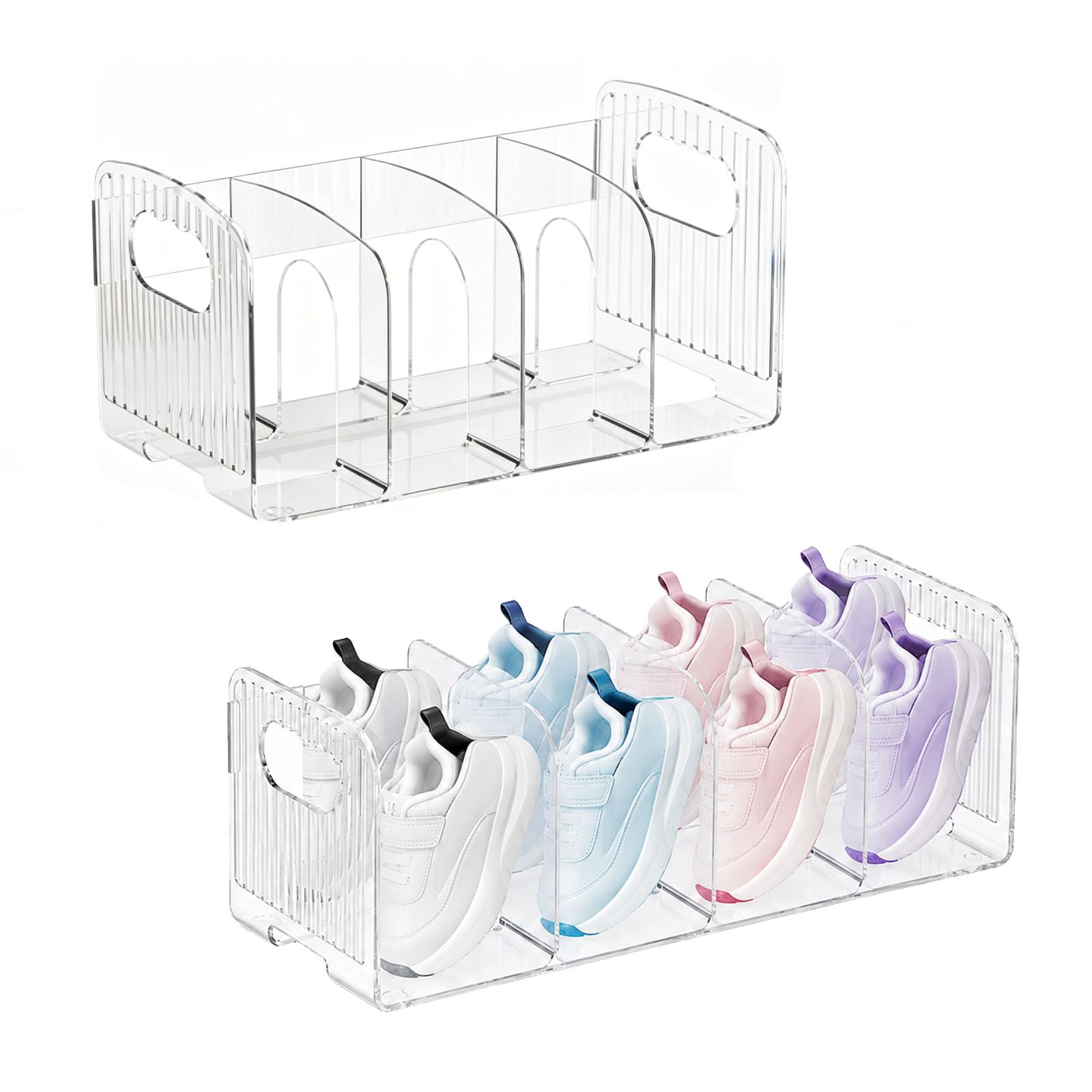Raoletin 2 Pack Small Shoe Storage Narrow 4 Tier Shoe Rack, Stackable Plastic Kids Shoe Holder for Shoes and Slippers, Clear Shoe Display Organiser Shelf for Closet, Bedroom and Entryway