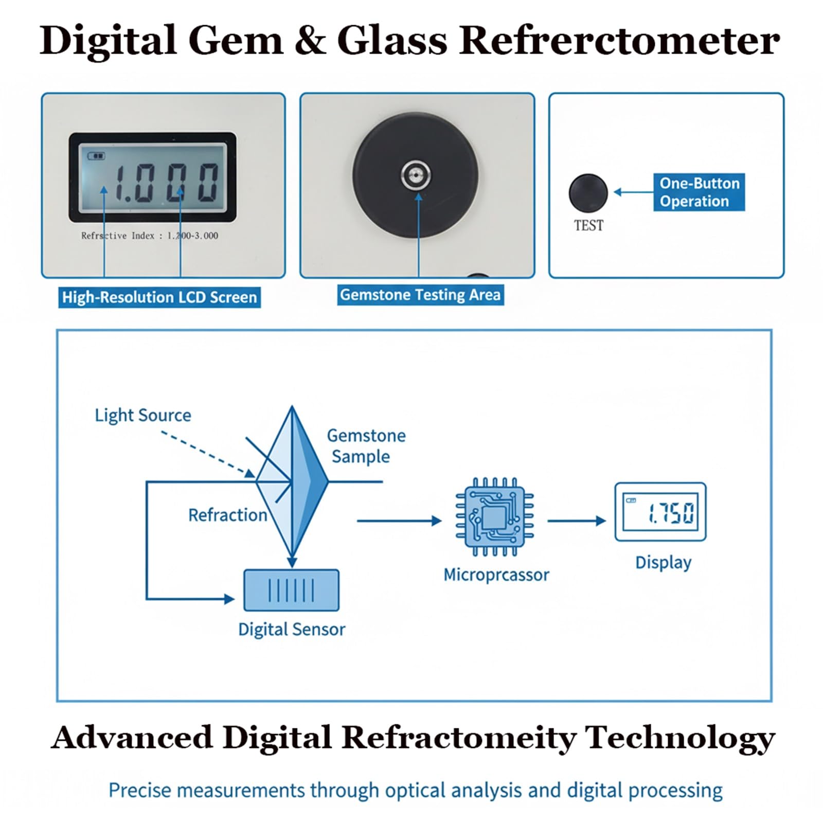 Refractómetro portátil de gemas, 1.30-3.00 RI, herramienta profesional de identificación de joyas para pruebas de piedras preciosas, probador digital de índice de refracción