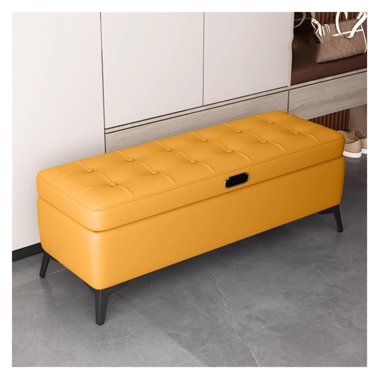 Pouf de bout de lit de 120 cm en cuir jaune et métal