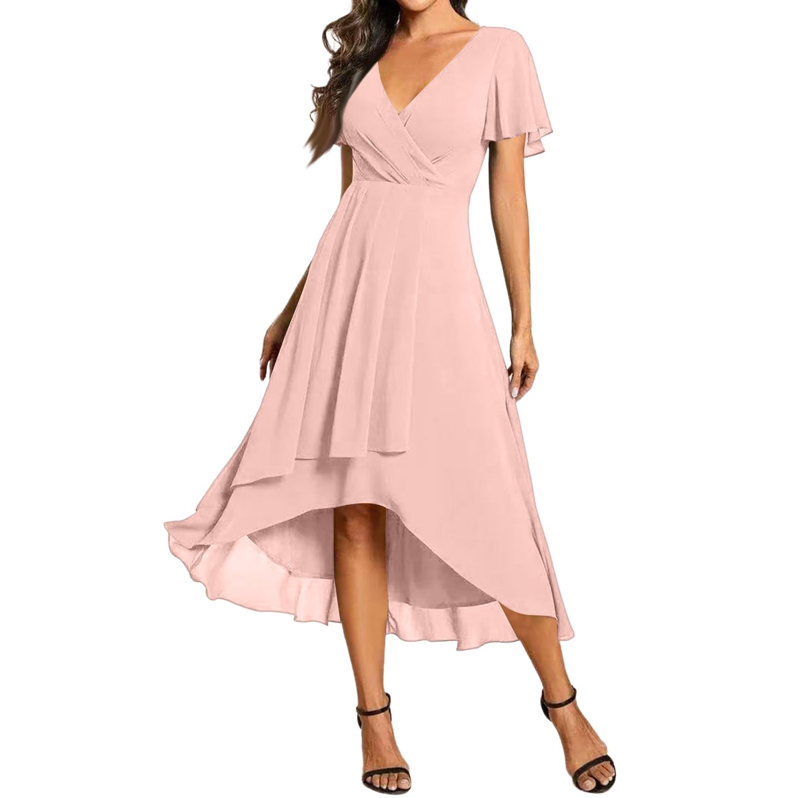 Generisch Damen Abendkleider V Ausschnitt Rüschenärmel Chiffonkleid Knielanges Abendkleid Hochzeit Sgastkleid Elegant für Hochzeit High Low Festliche Kleider Vokuhila Brautjungfernkleid